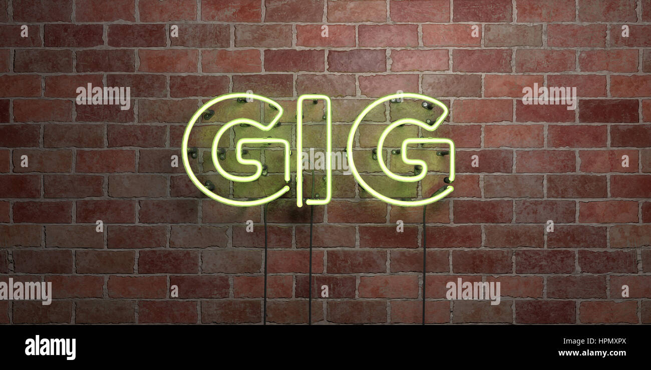 GIG - fluorescent Neon tube Sign on brickwork - Front view - 3D ...
