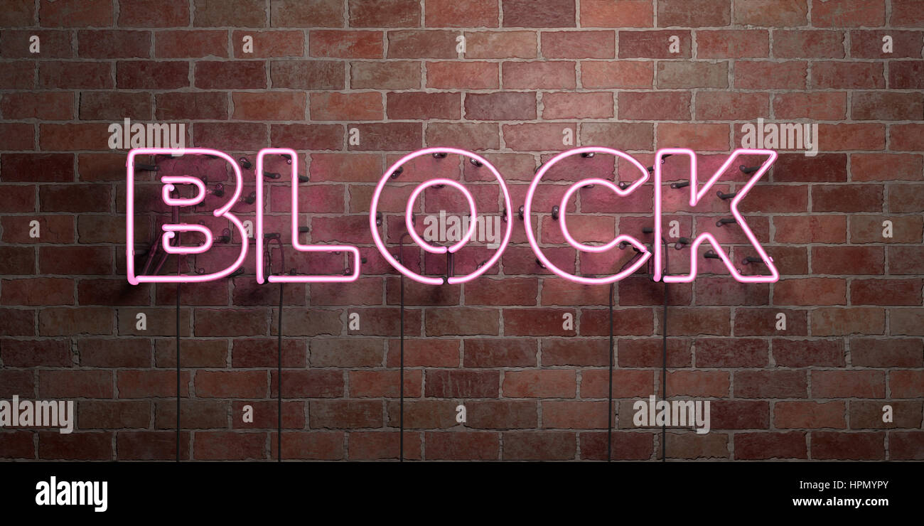 BLOCK - fluorescent Neon tube Sign on brickwork - Front view - 3D ...