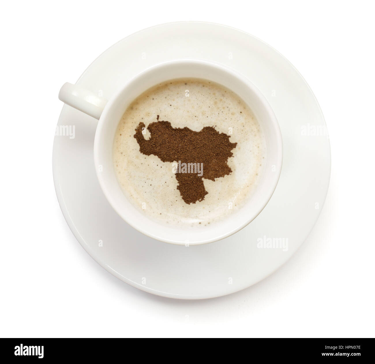 A cup of coffee with foam and powder in the shape of Venezuela.(series