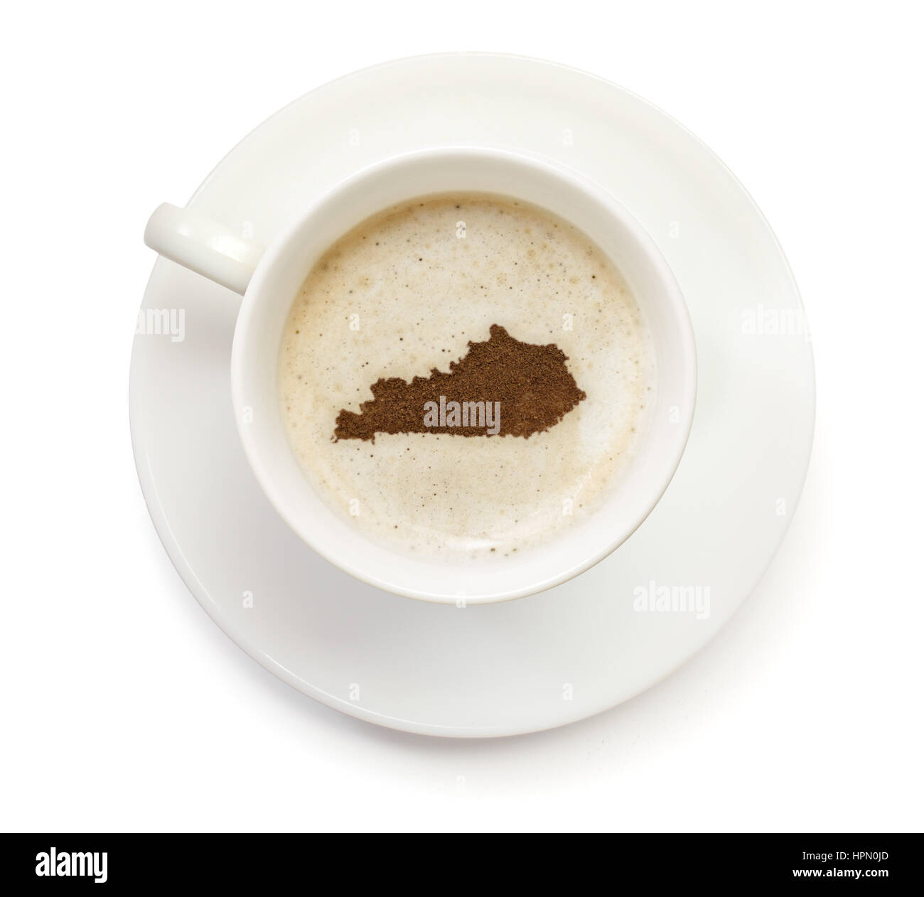 A cup of coffee with foam and powder in the shape of Kentucky.(series
