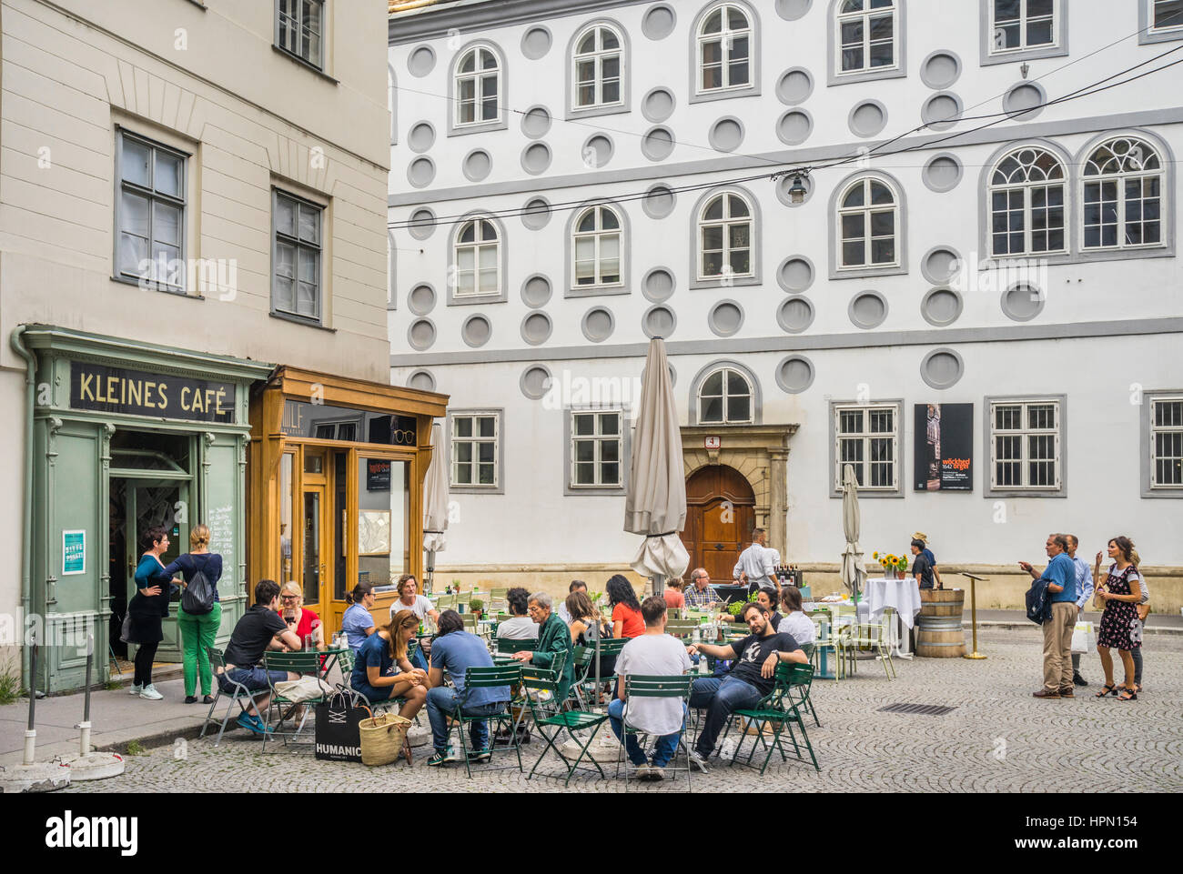 Austria, Vienna, street cafe at Franziskaner Platz in the historic centre of Vienna Stock Photo