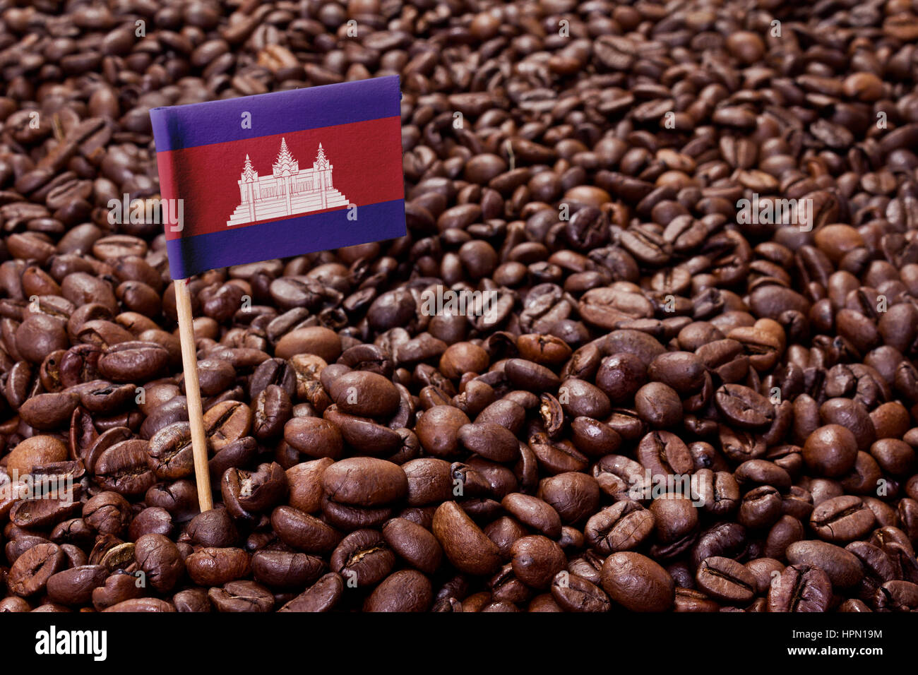 Flag of Cambodia sticking in roasted coffee beans.(series Stock Photo