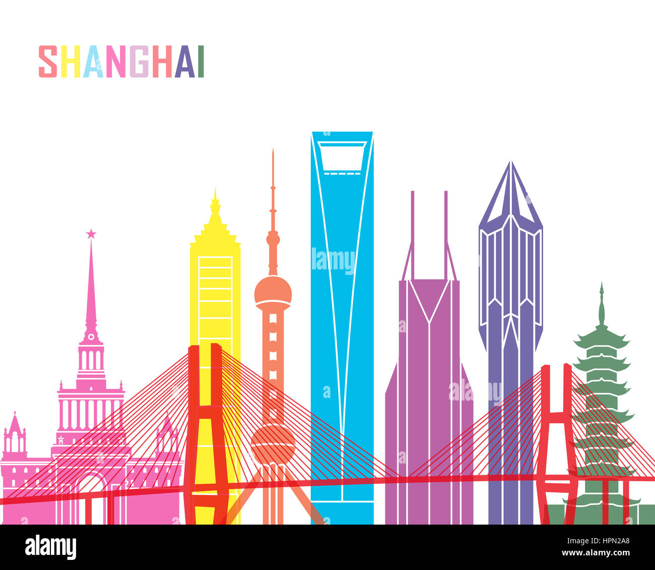 Shanghai V2 skyline pop in editable vector file Stock Photo