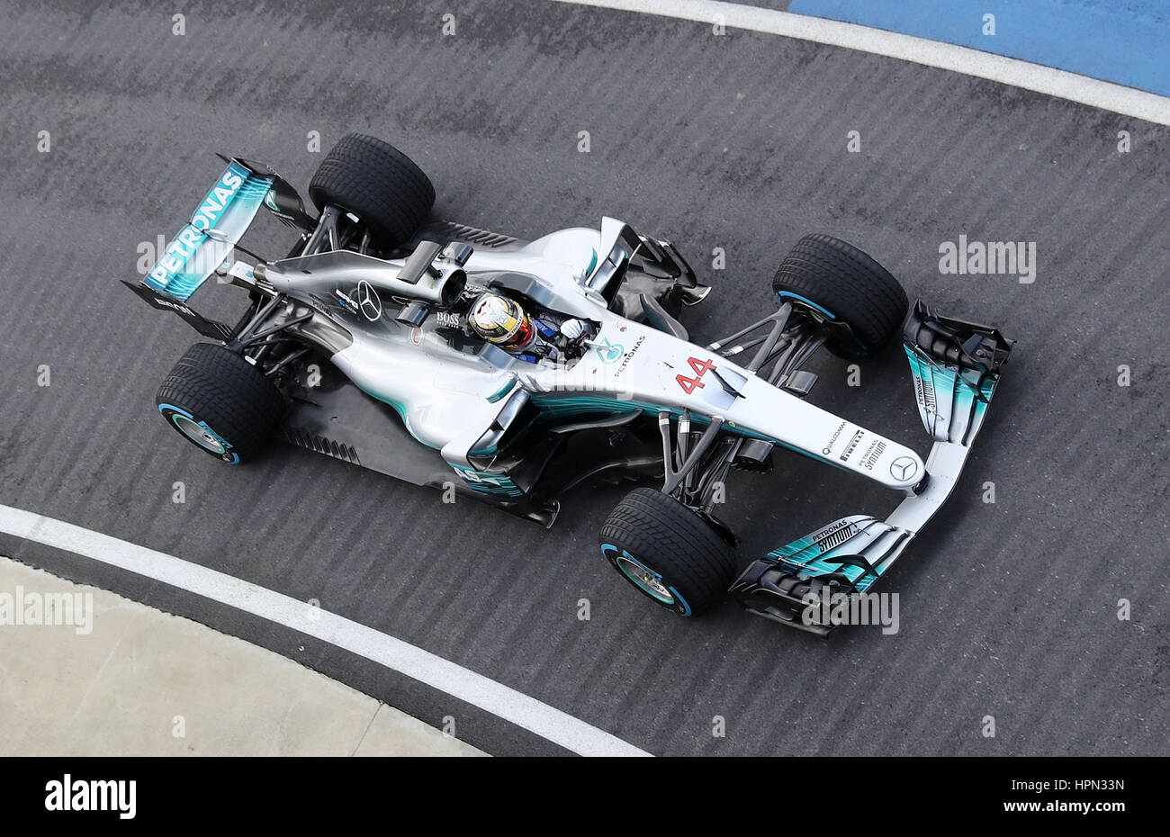 Lewis Hamilton in the new Mercedes W08 Formula One car during the Mercedes-AMG 2017 Car Launch at Silverstone, Towcester. Stock Photo