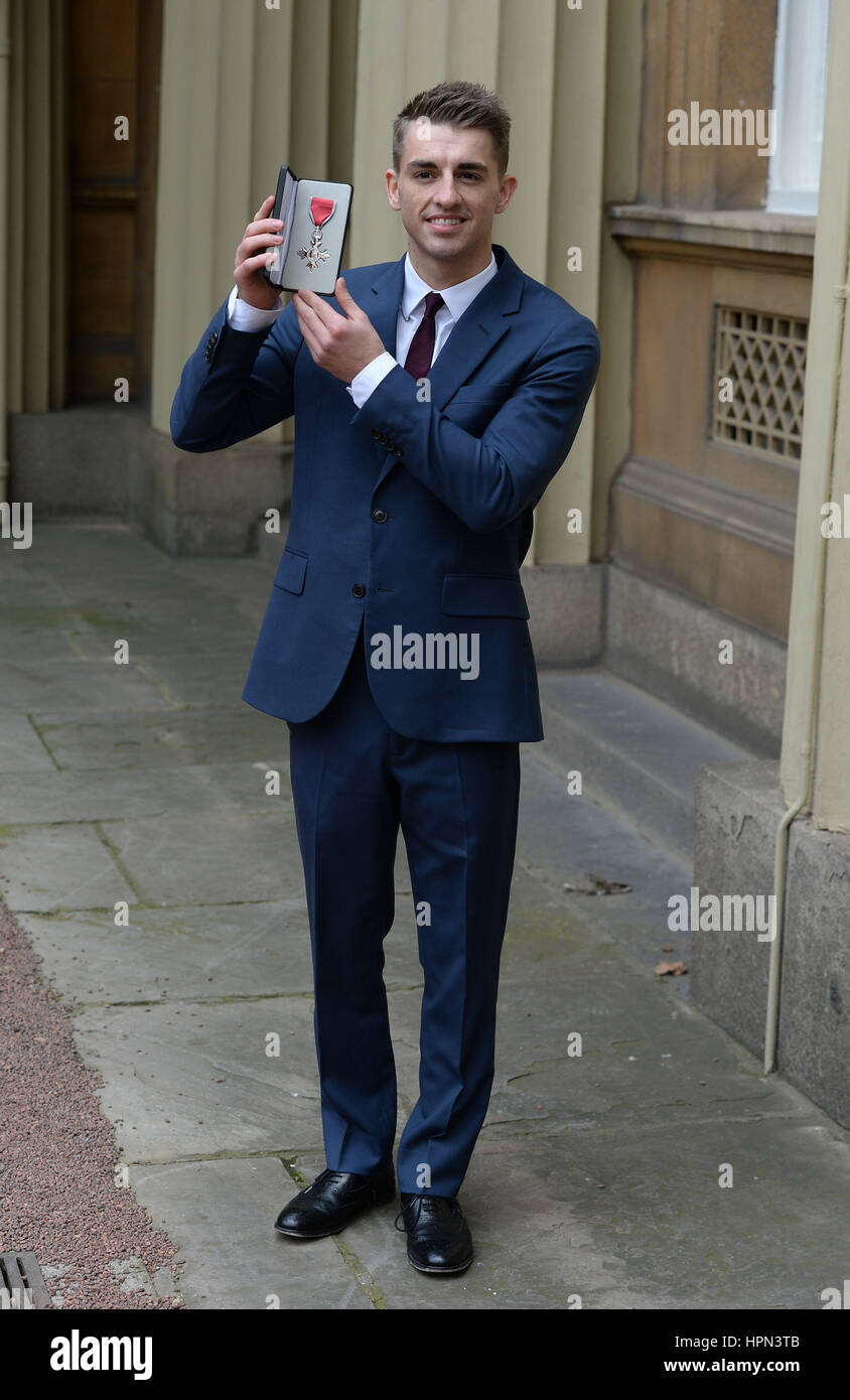 Gold medal winning Olympic gymnast Max Whotlock after he received his Member of the Order of British Empire (MBE) medal during an Investiture ceremony at Buckingham Palace, London. Stock Photo