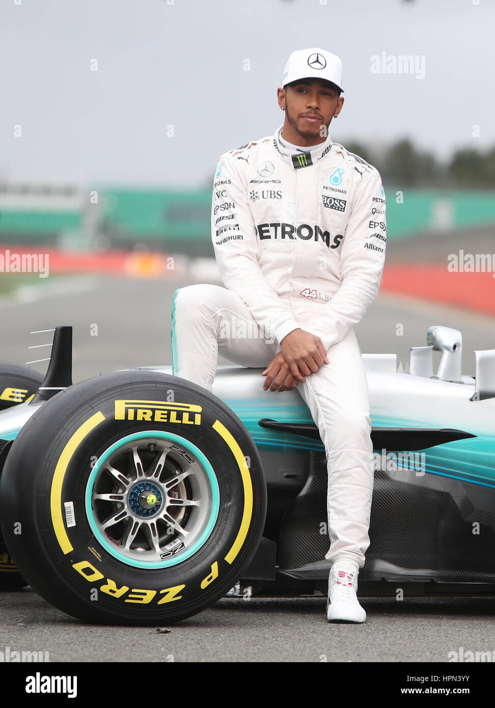 Lewis Hamilton with the new Mercedes W08 Formula One car during the  Mercedes-AMG 2017 Car Launch at Silverstone, Towcester Stock Photo - Alamy