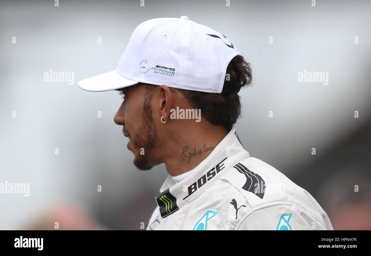 A general view of Lewis Hamilton's neck tattoo reading 