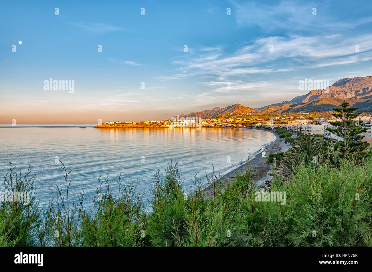 A view of one of the beaches by cliffs at Makrygialos on the Greek island of Crete. Stock Photo