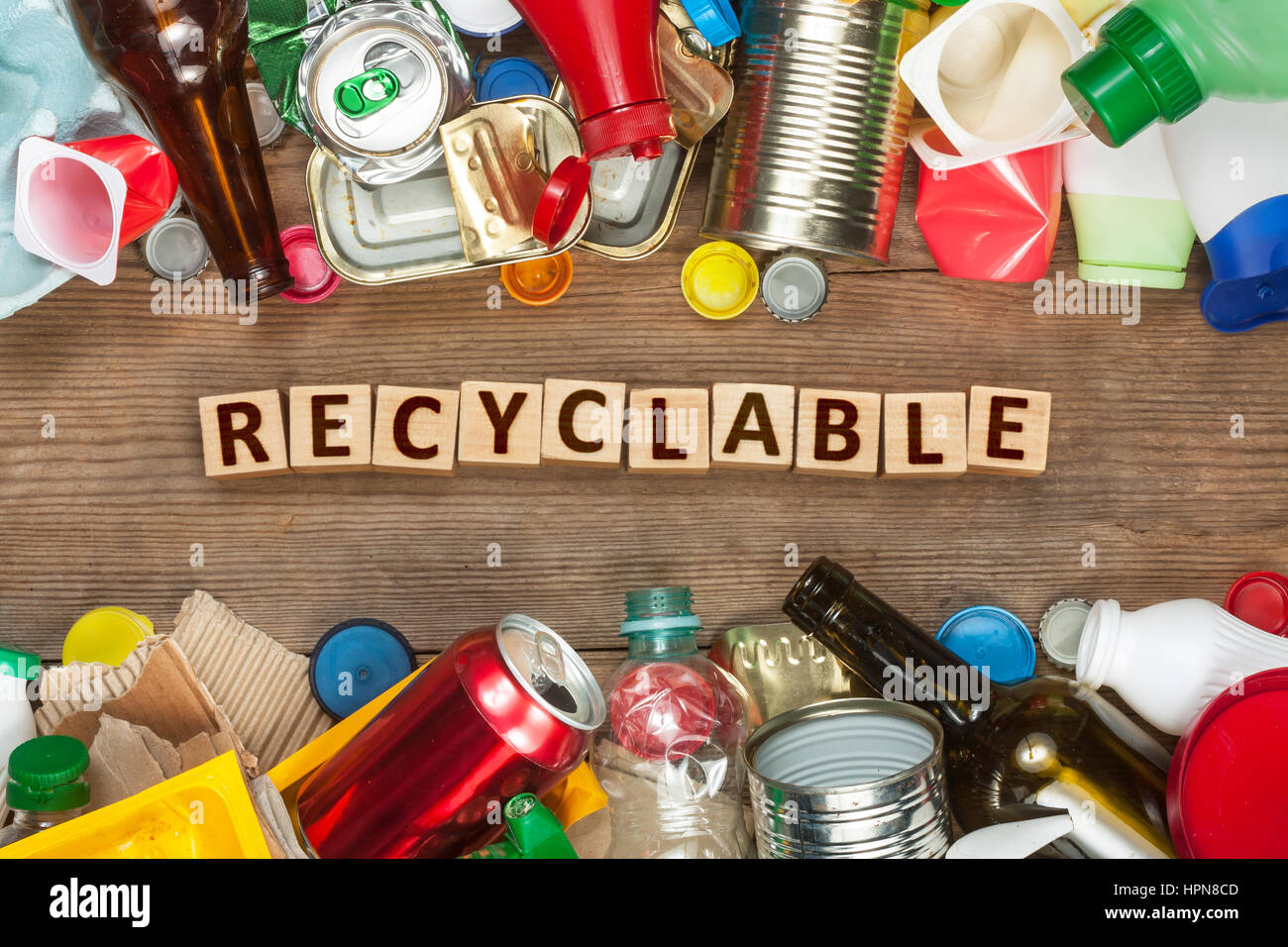 A selection of garbage for recycling. Segregated metal, plastic, paper and glass Stock Photo