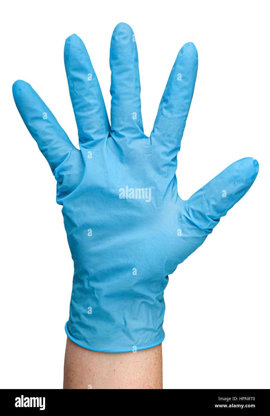 Hand in blue latex glove isolated on white background Stock Photo