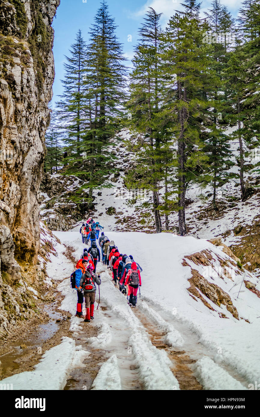 Hiking in Turkey winter hiking snow, Doga Gezisi,kar yuruyusu, trekking lycian way, likya yolu Stock Photo