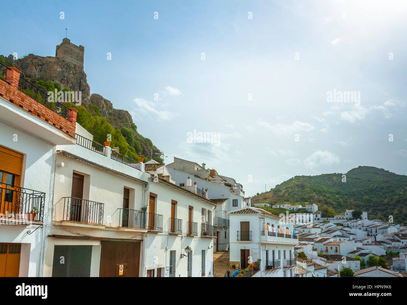 Zahara de la Sierra, the fort and landscape, White Towns of Andalusia, province of Cádiz, Spain Stock Photo