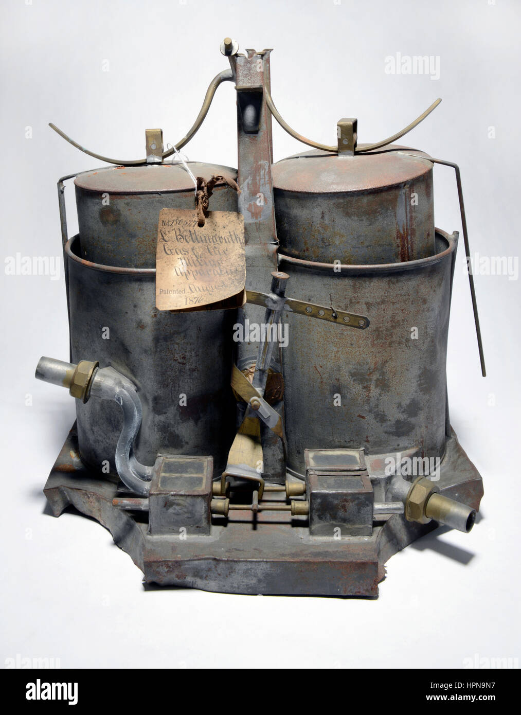 Patent model:  Gas and Air Mixing Apparatus invented by L Bettingrath.  Patent # 180527 granted August 1, 1876. Stock Photo