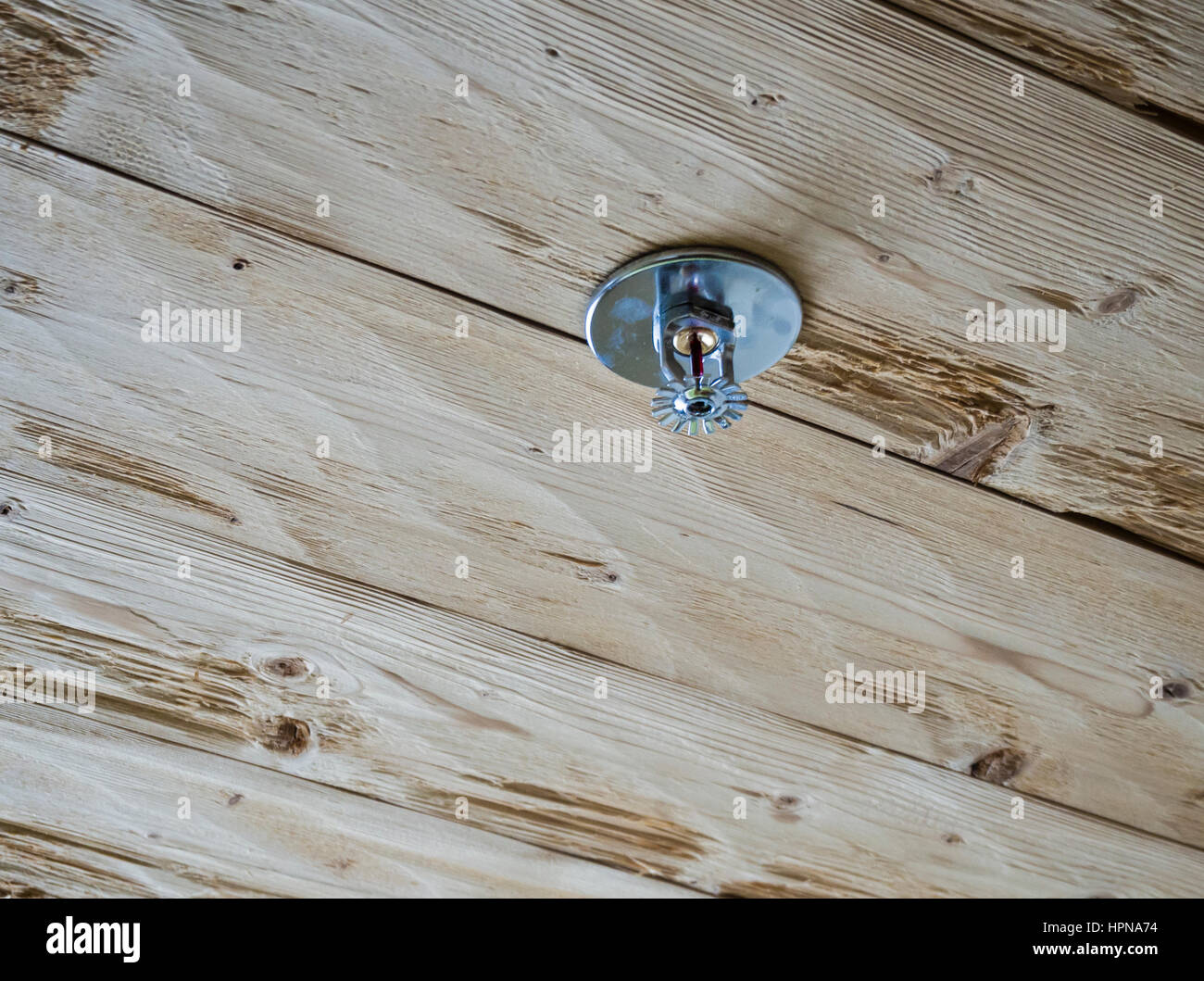 Sprinkler system installed on a flammable wooden ceiling of a wooden house / cabin Stock Photo
