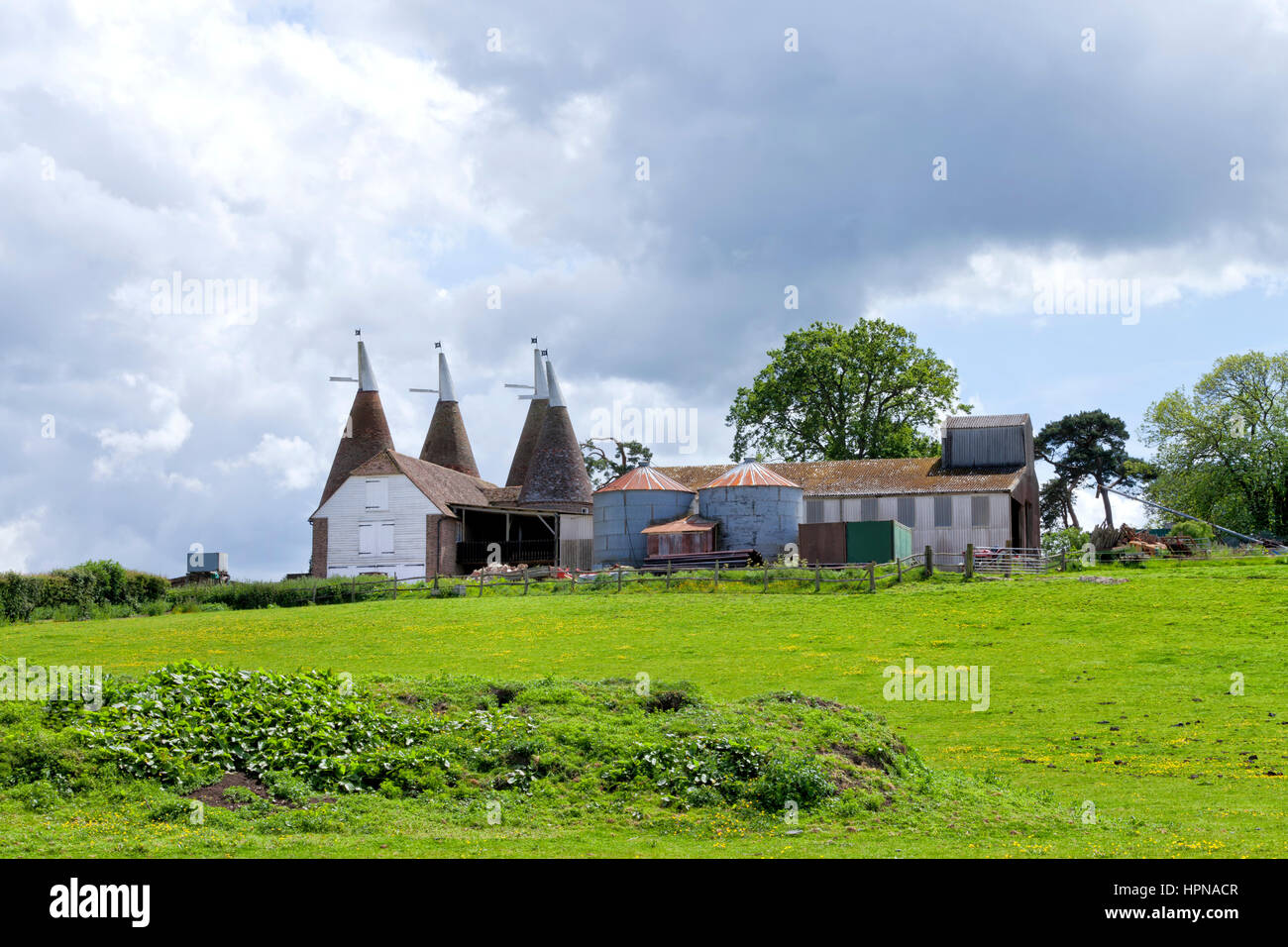 Traditional, old oast houses, agriculture buildings and equipment on a