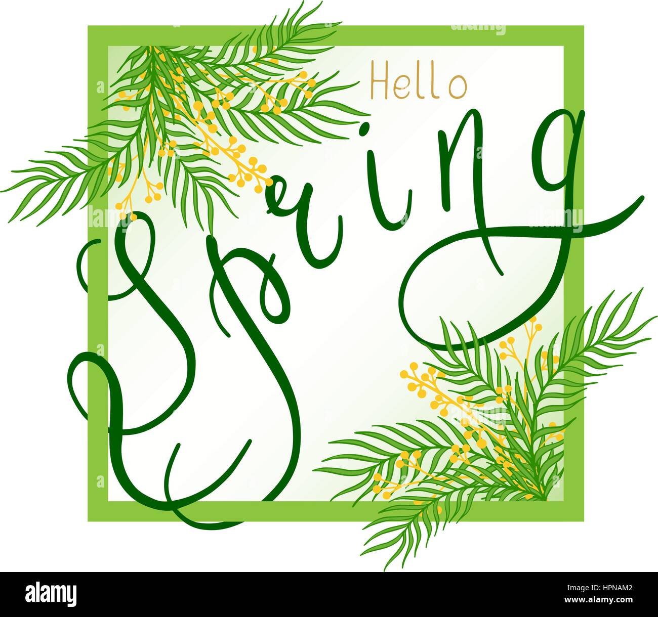 Spring illustration with handwritten text, leaves and branches. Stock Vector