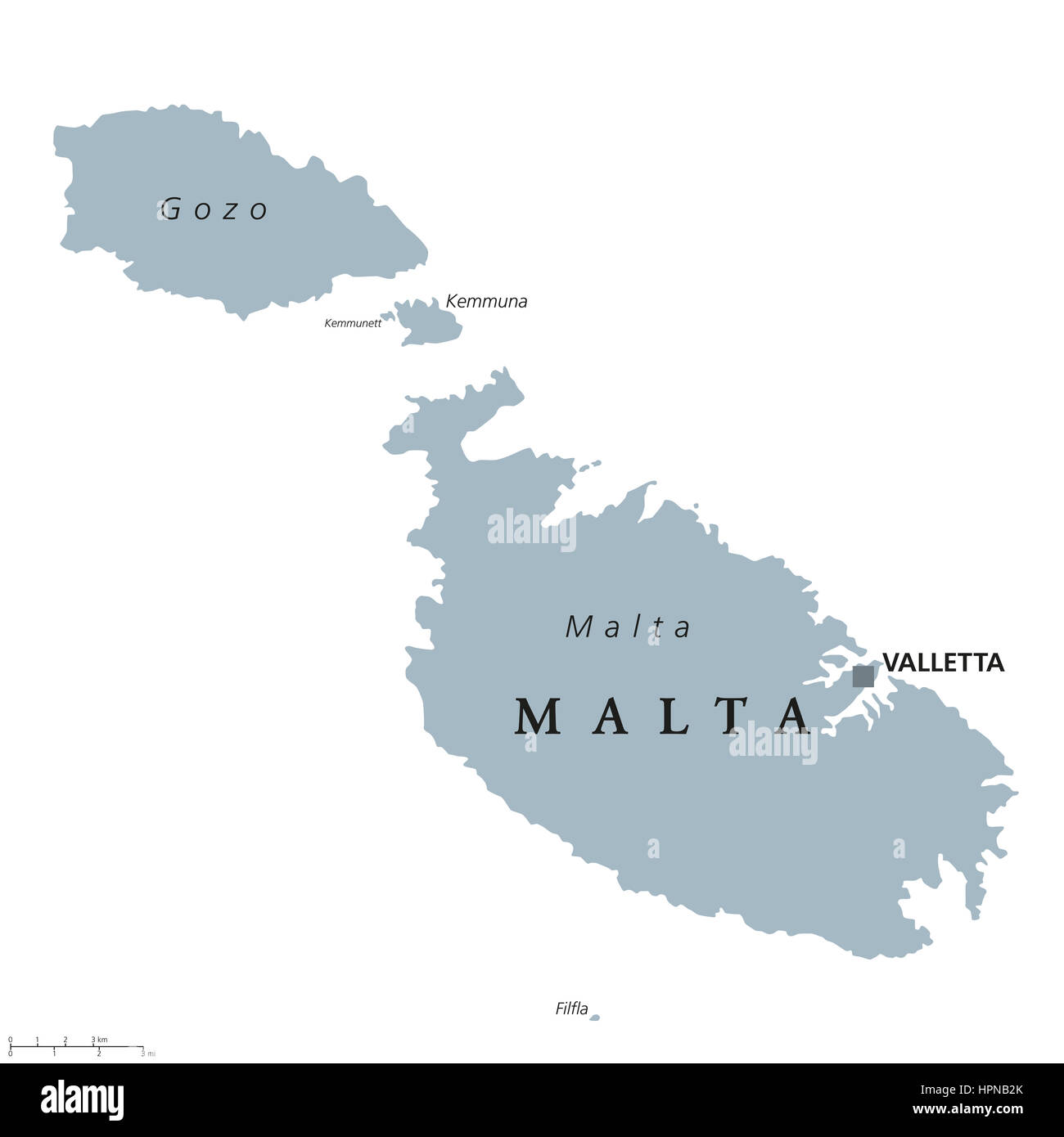 Malta political map with capital Valletta. Republic and Southern Europe island country consisting of an archipelago in the Mediterranean Sea. Stock Photo