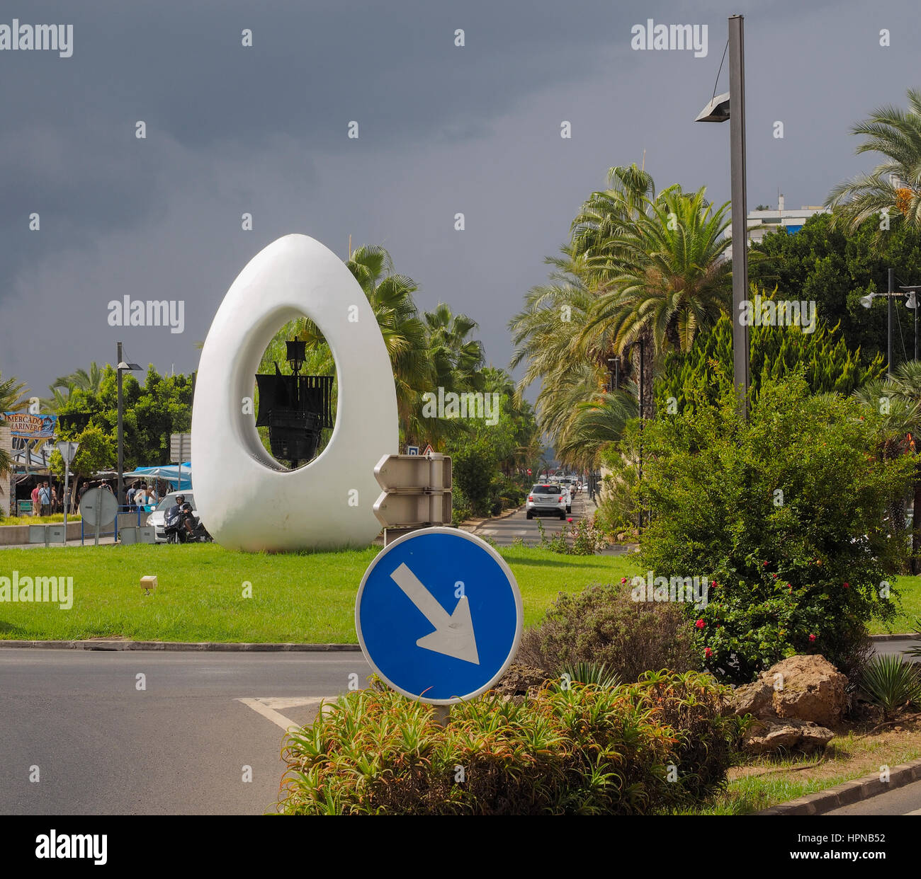 EGG SCULPTURE ON ROUNDABOUT IN SAN ANTONIO BAY  IBIZA SPAIN Stock Photo