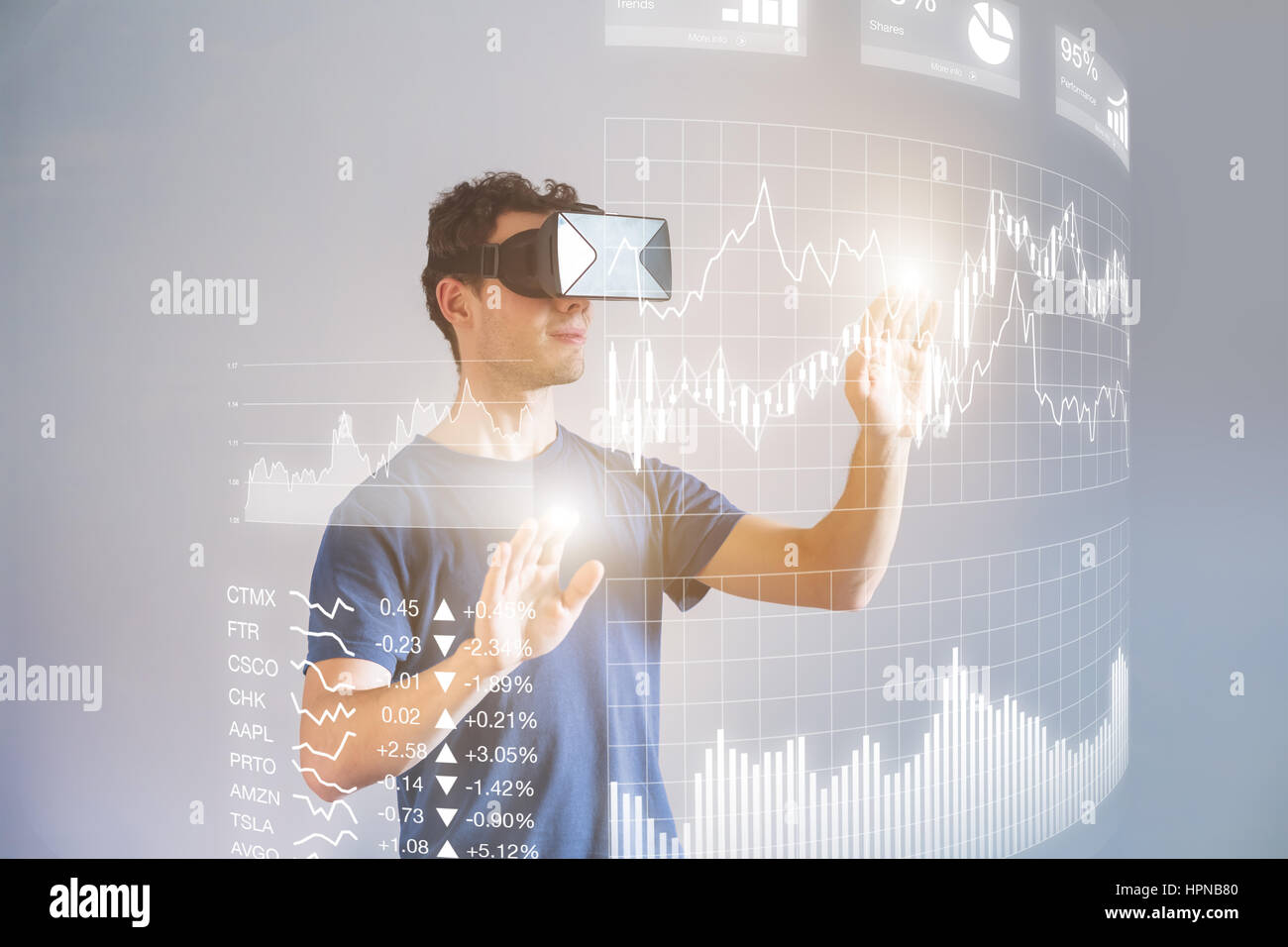 Person wearing virtual reality (VR) headset or head-mounted display (HMD) glasses to interact with financial dashboard with stock market key performan Stock Photo