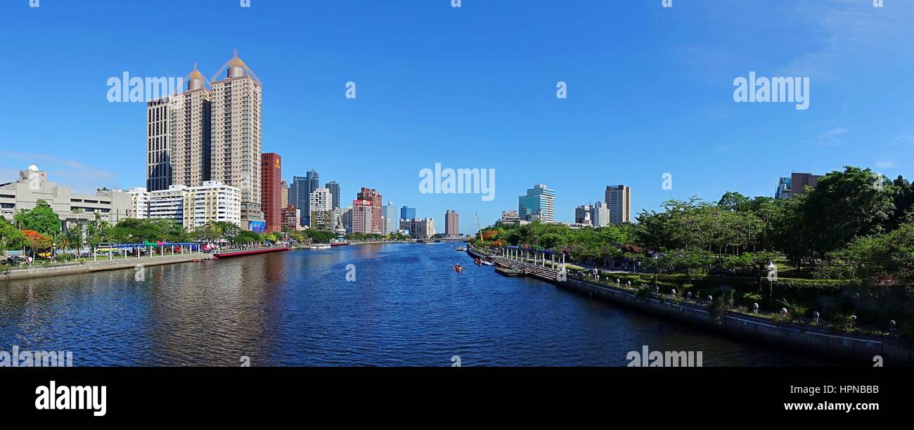 KAOHSIUNG, TAIWAN -- MAY 27, 2016: A panoramic view of the Love River on a beautiful summer day. Stock Photo