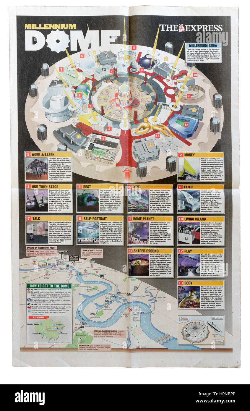 A page from the Daily Express newspaper with a map and feature on the Millennium Dome in London Stock Photo