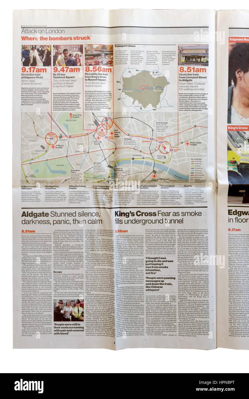 A page from The Guardian newspaper with information on the 7th July 2005 terrorist bombings in the London Underground Stock Photo