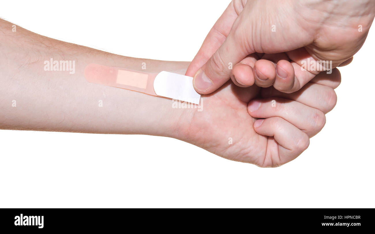 Bandaid on hand isolated on white background Stock Photo Alamy