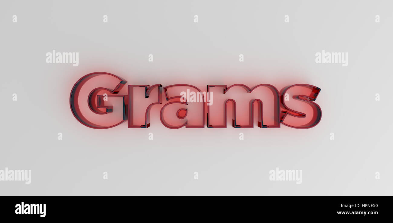 Grams - Red glass text on white background - 3D rendered royalty free ...