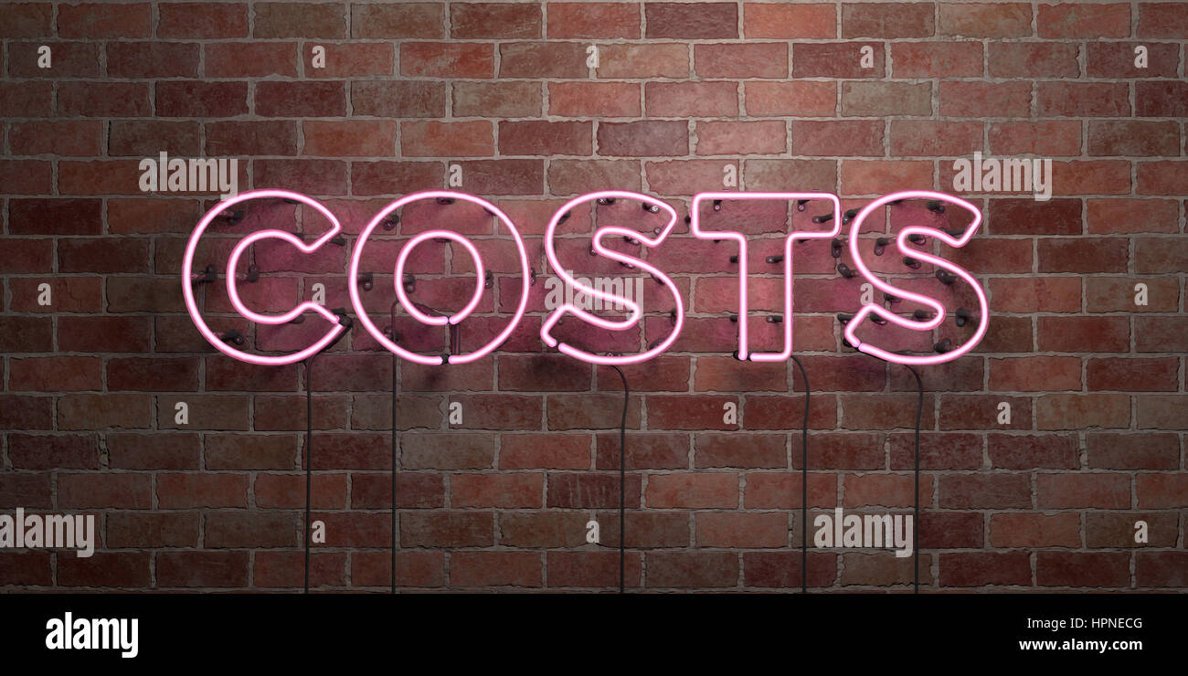 COSTS fluorescent Neon tube Sign on brickwork Front view 3D