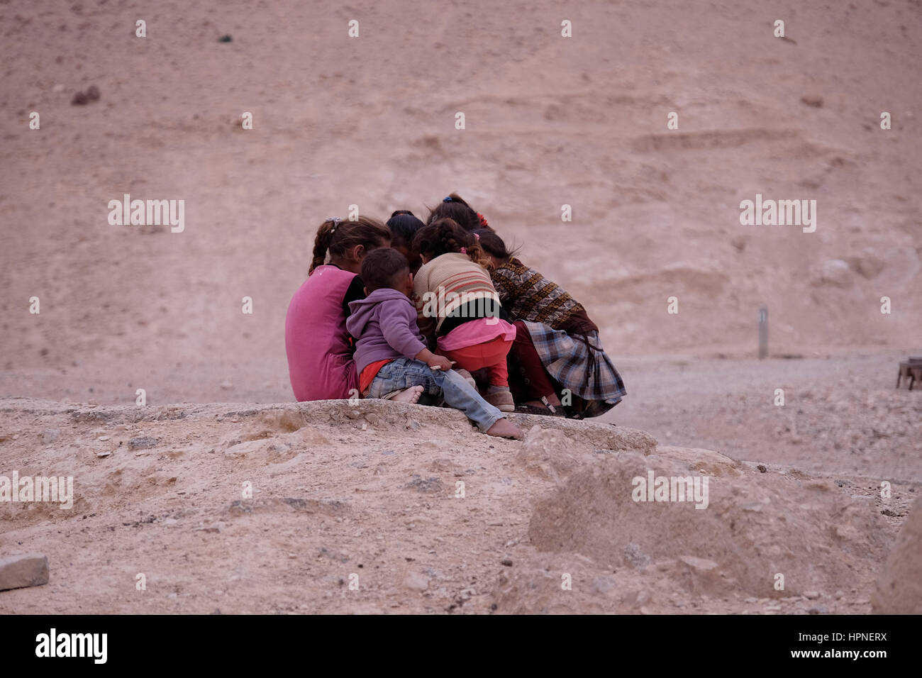 Group of young Bedouin girls of the Jahalin tribe community in the