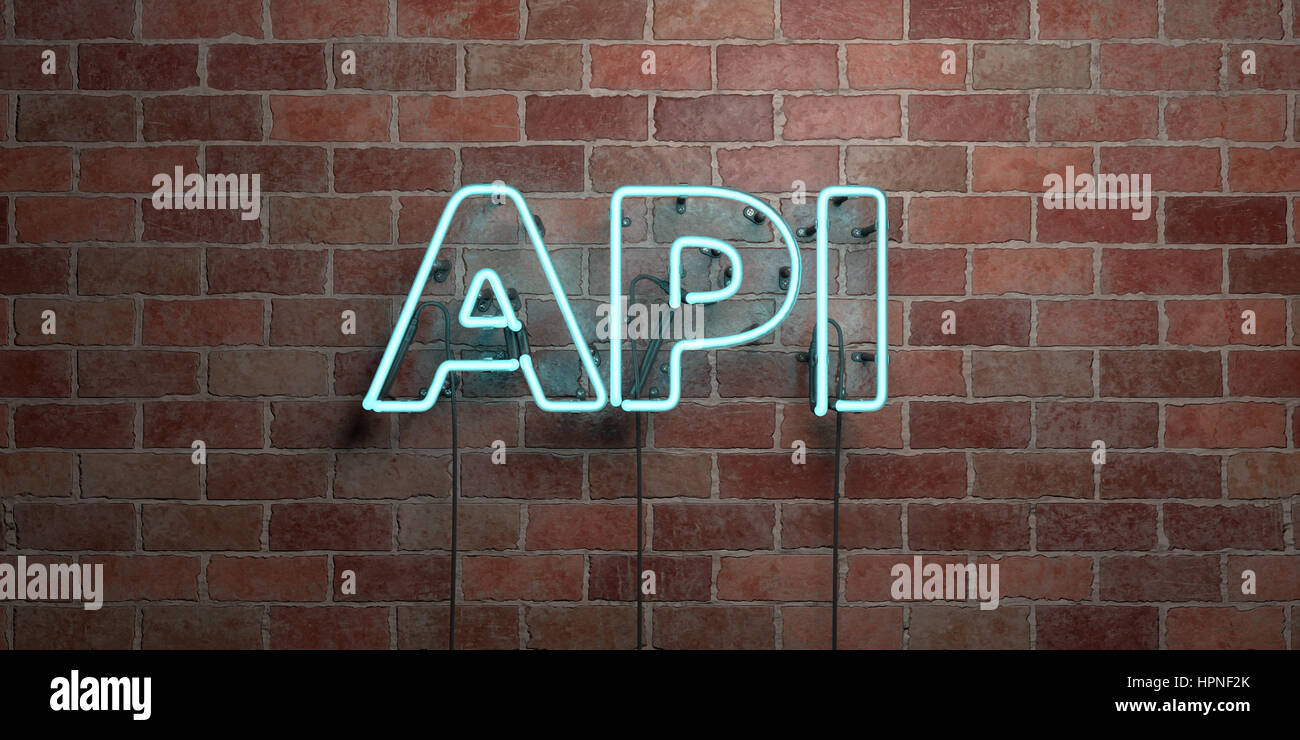 Api Signage API - fluorescent Neon tube Sign on brickwork - Front view - 3D ...