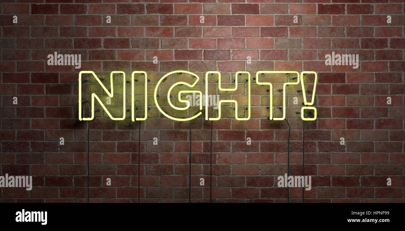 NIGHT! - fluorescent Neon tube Sign on brickwork - Front view - 3D ...