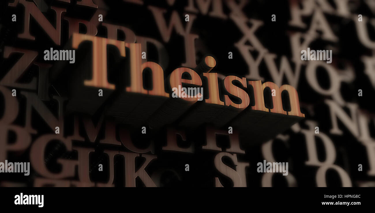 Theism - Wooden 3D rendered letters/message.  Can be used for an online banner ad or a print postcard. Stock Photo