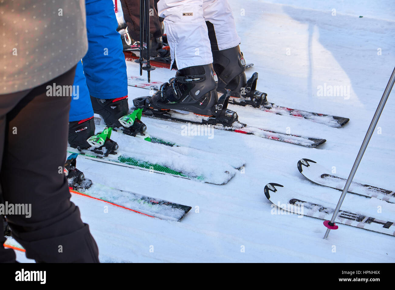 WINTERBERG, GERMANY - FEBRUARY 14, 2017: The legs and skies of people waiting in a lift line at Ski Carousel Winterberg Stock Photo
