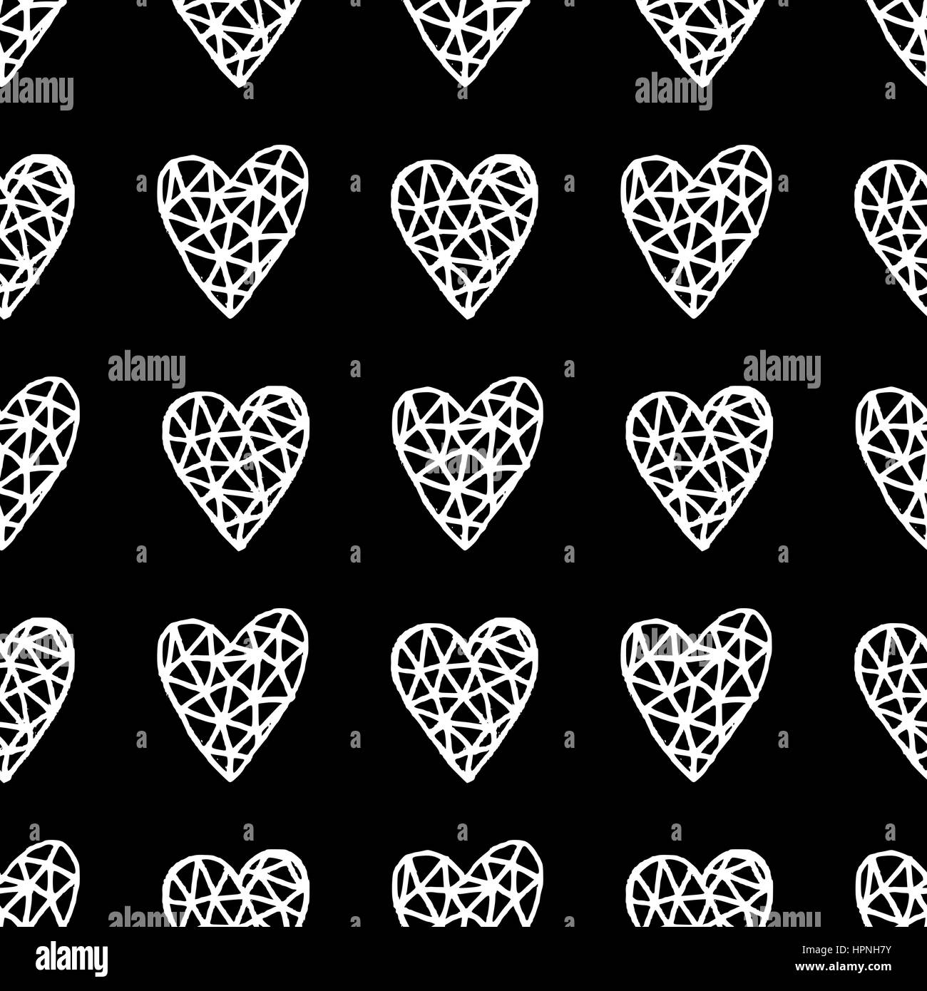 Hand drawn seamless repeating pattern with hearts in black and white ...