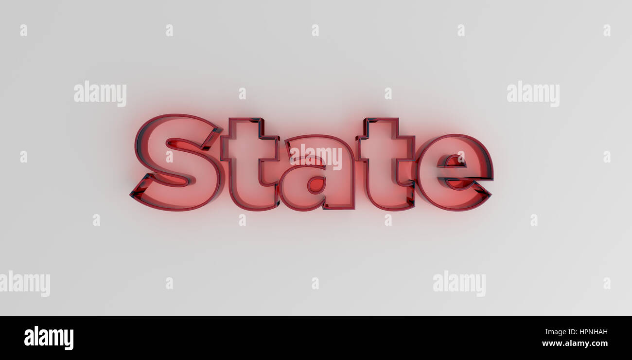 State - Red glass text on white background - 3D rendered royalty free stock image. Stock Photo