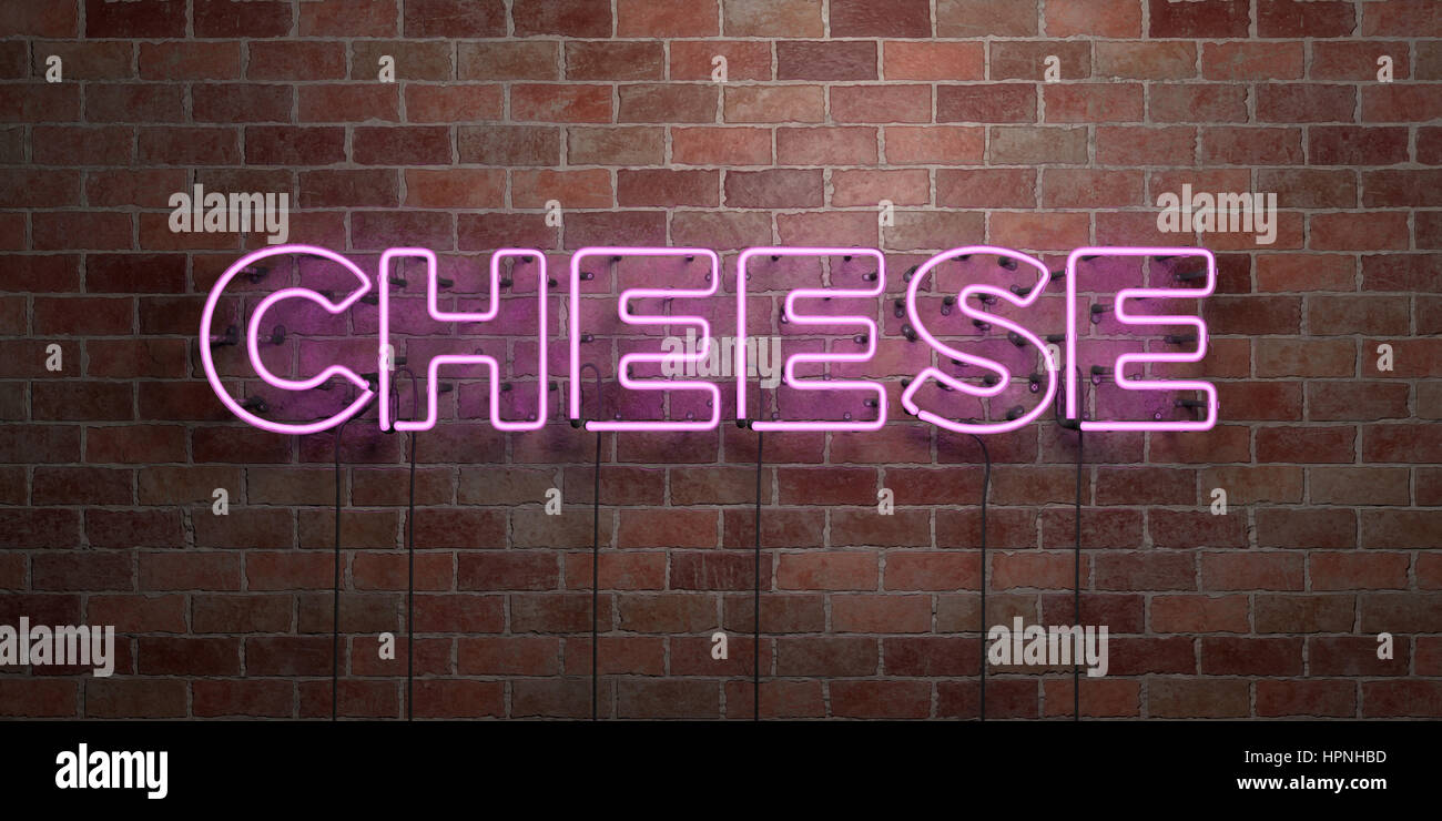 Cheesy Sign CHEESE - fluorescent Neon tube Sign on brickwork - Front view - 3D ...