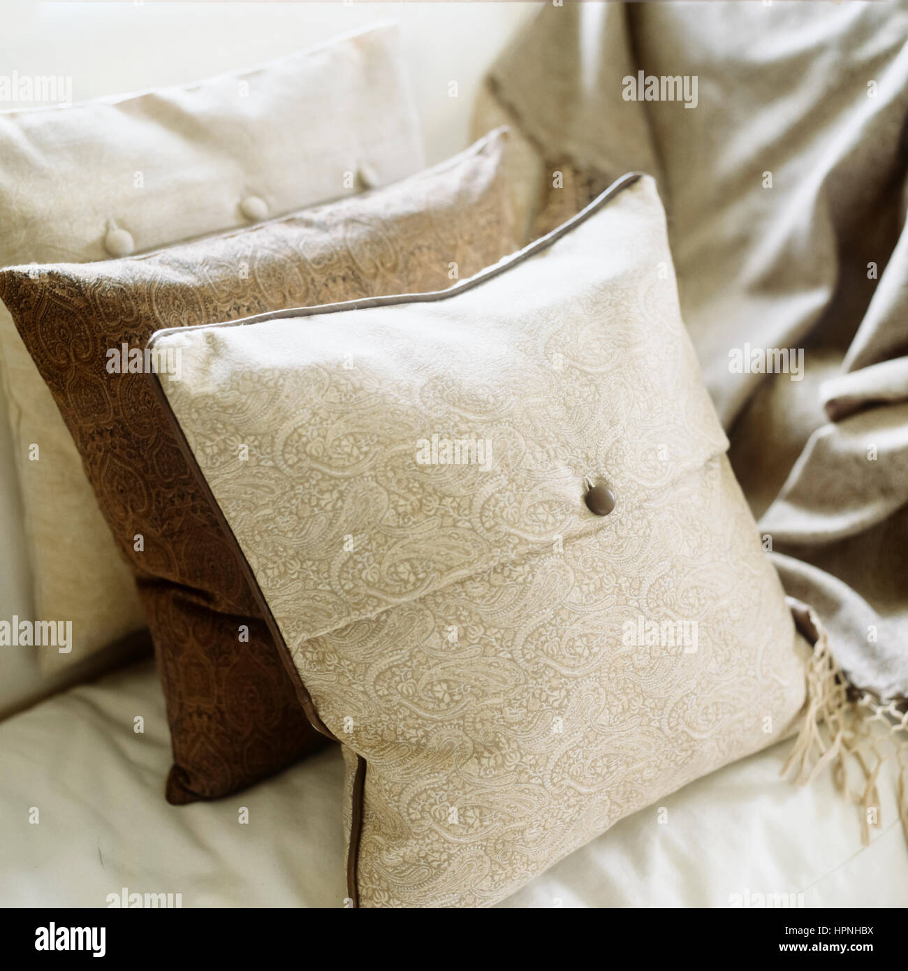 Neutral coloured cushions on a sofa. Stock Photo