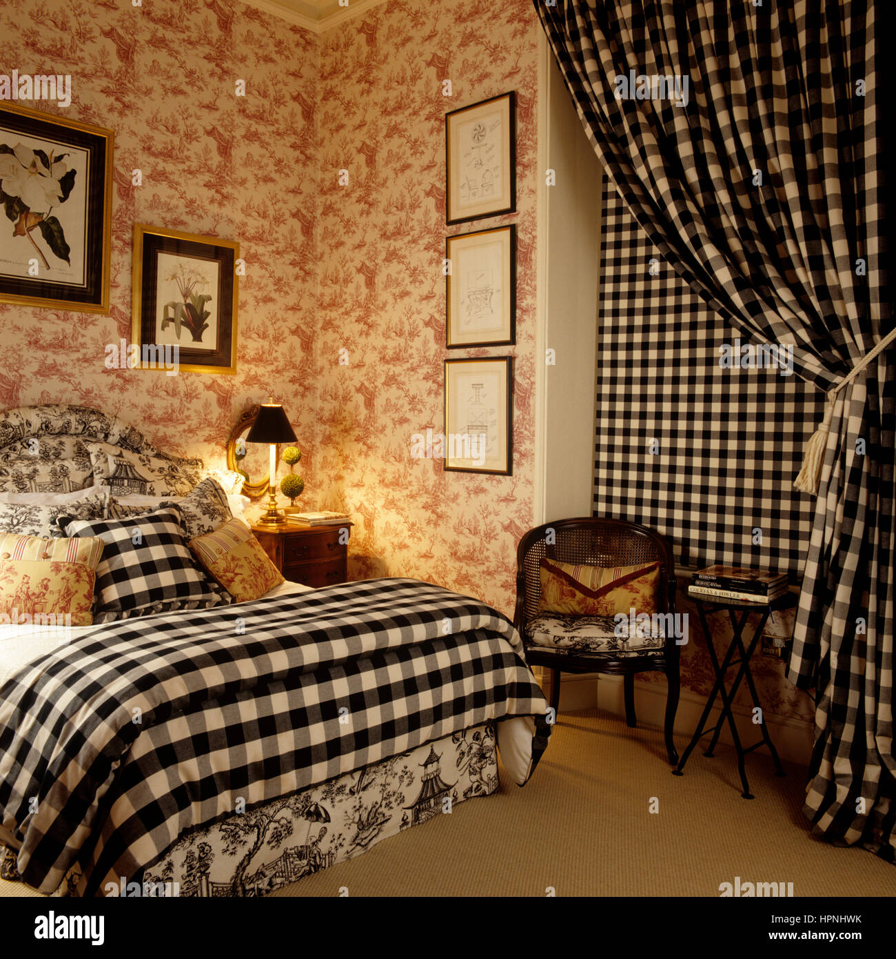 A check patterned bedroom. Stock Photo