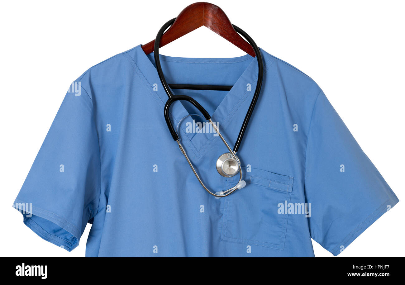 Blue medical scrubs uniform shirt hanging on a hanger with stethoscope with path and isolated against white background Stock Photo