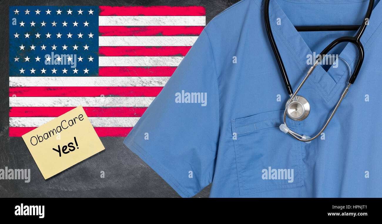Blue doctor scrubs shirt and stethoscope hang empty in front of USA