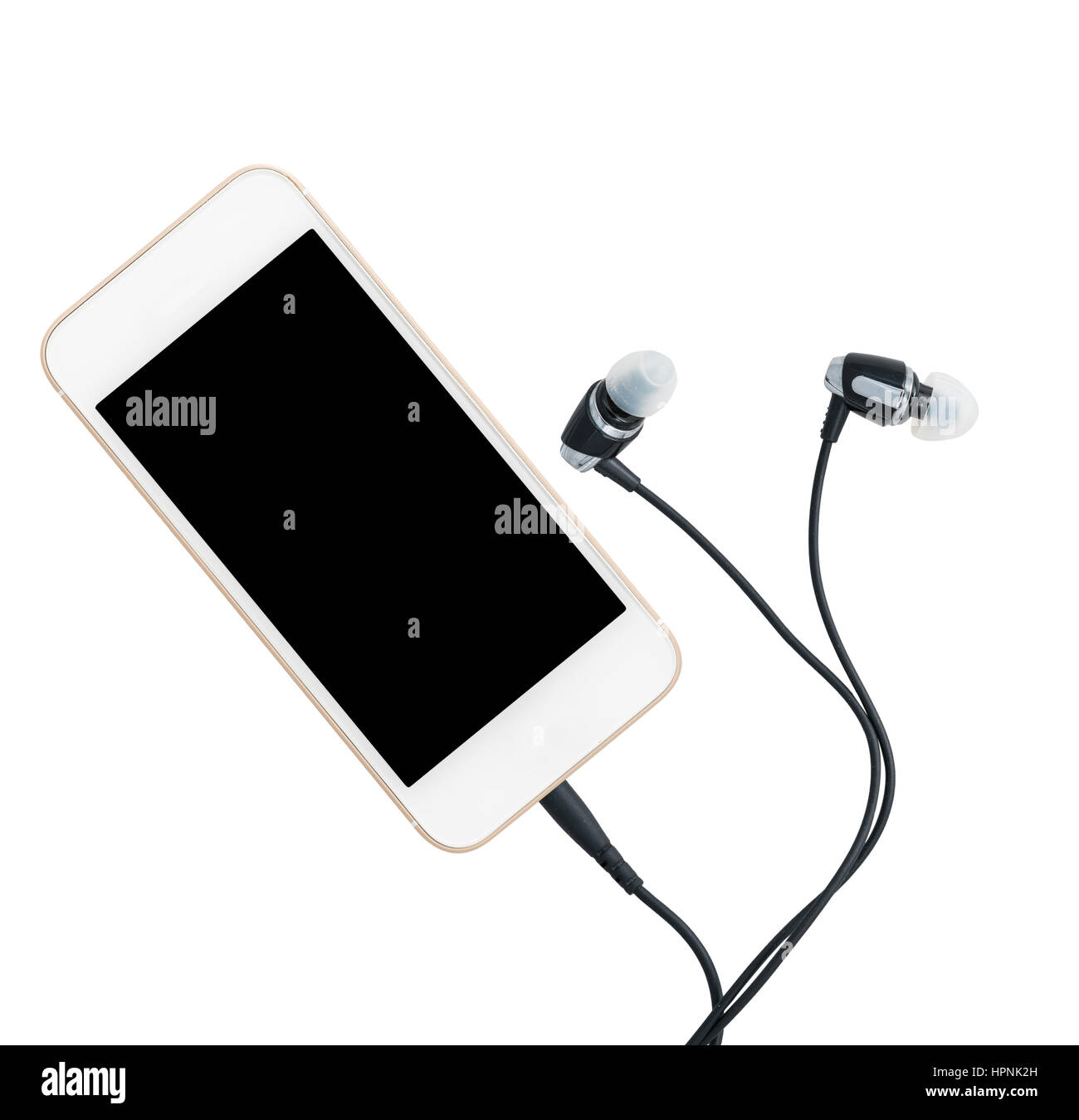 MP3 digital music player built into smartphone or mobile phone with earbuds isolated against a white background Stock Photo