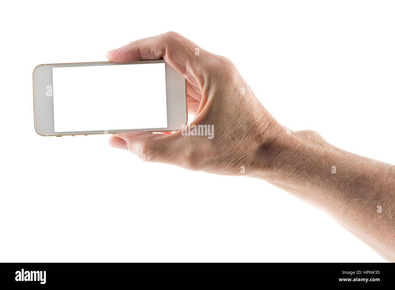 Image of male left hand holding smartphone with screen isolated ready for insertion of your application or screenshot against white background Stock Photo