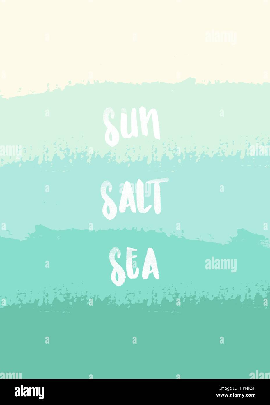 Abstract design poster with blue, green and yellow brush strokes and message Sun Salt Sea. Stock Vector