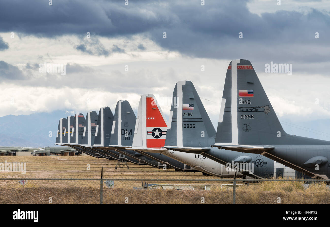 Tails of many grounded and retired air force planes in the Boneyard near Tucson Arizona Stock Photo