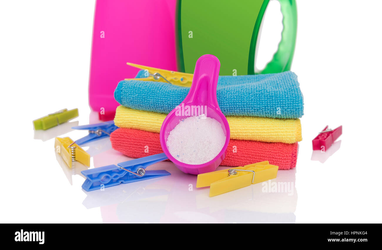 Washing powder and gel for washing. Preparing the wash cycle. Stock Photo