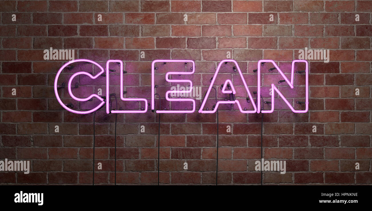 CLEAN - fluorescent Neon tube Sign on brickwork - Front view - 3D ...