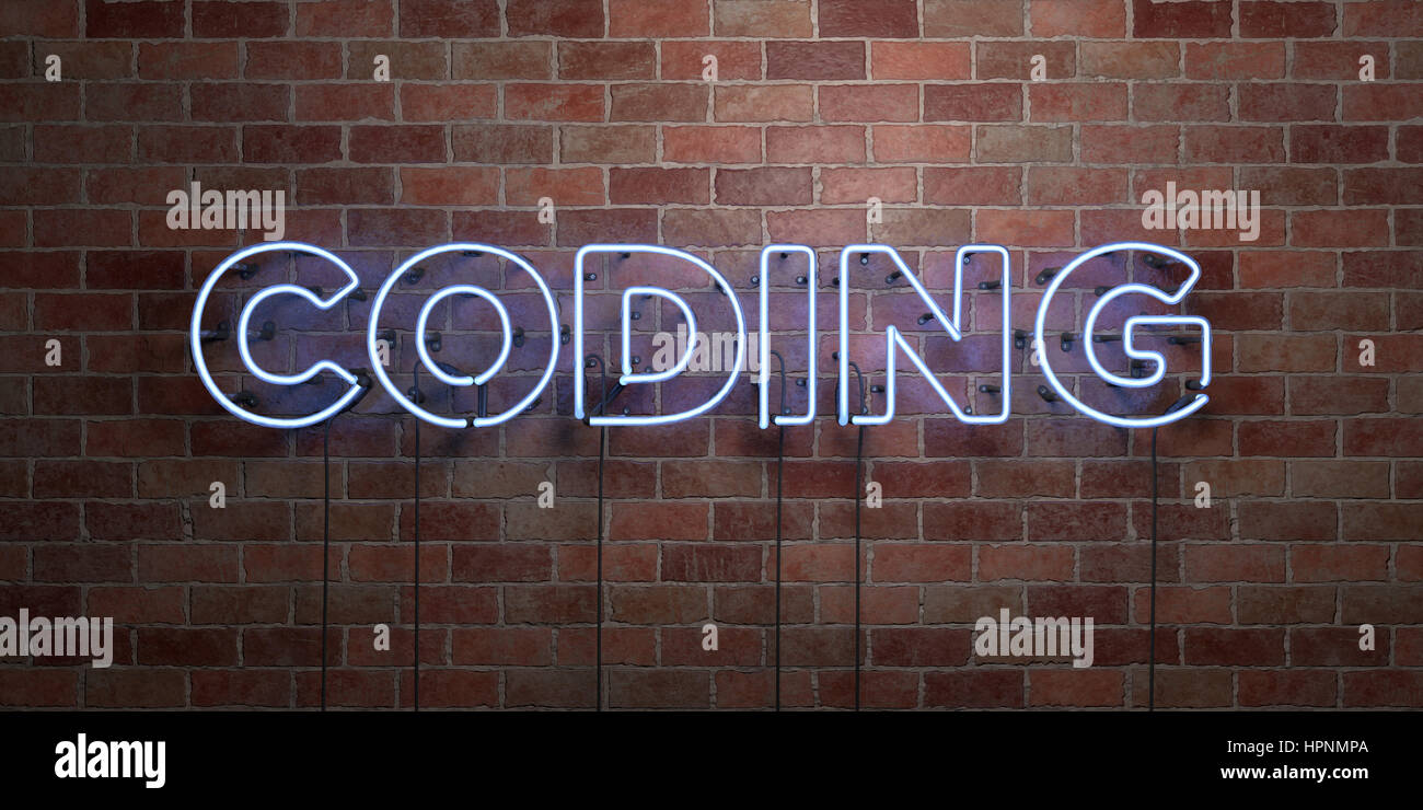 CODING - fluorescent Neon tube Sign on brickwork - Front view - 3D ...