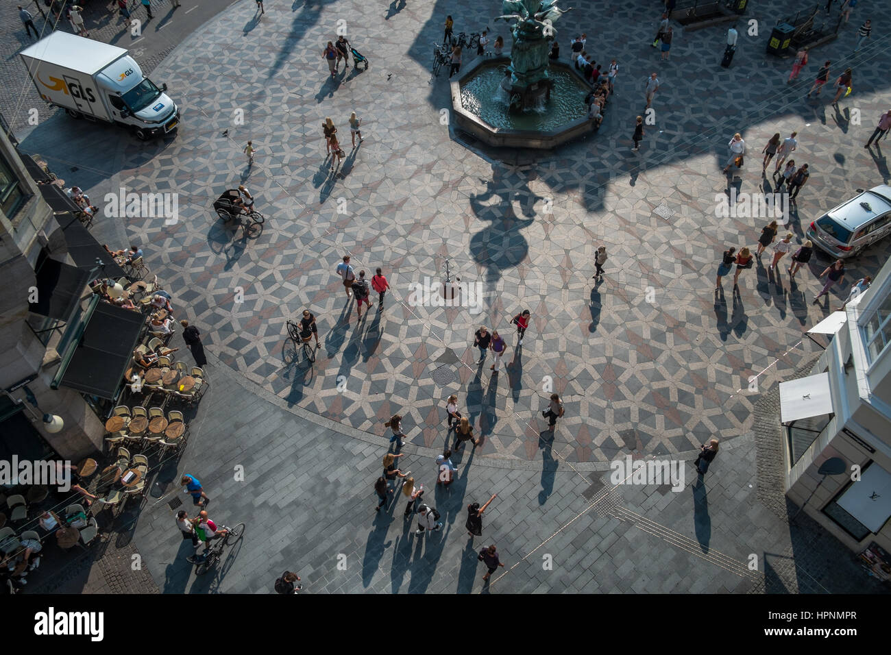 Amager Torv, central Copenhagen  shoppers from above, summer sun and shadows Stock Photo
