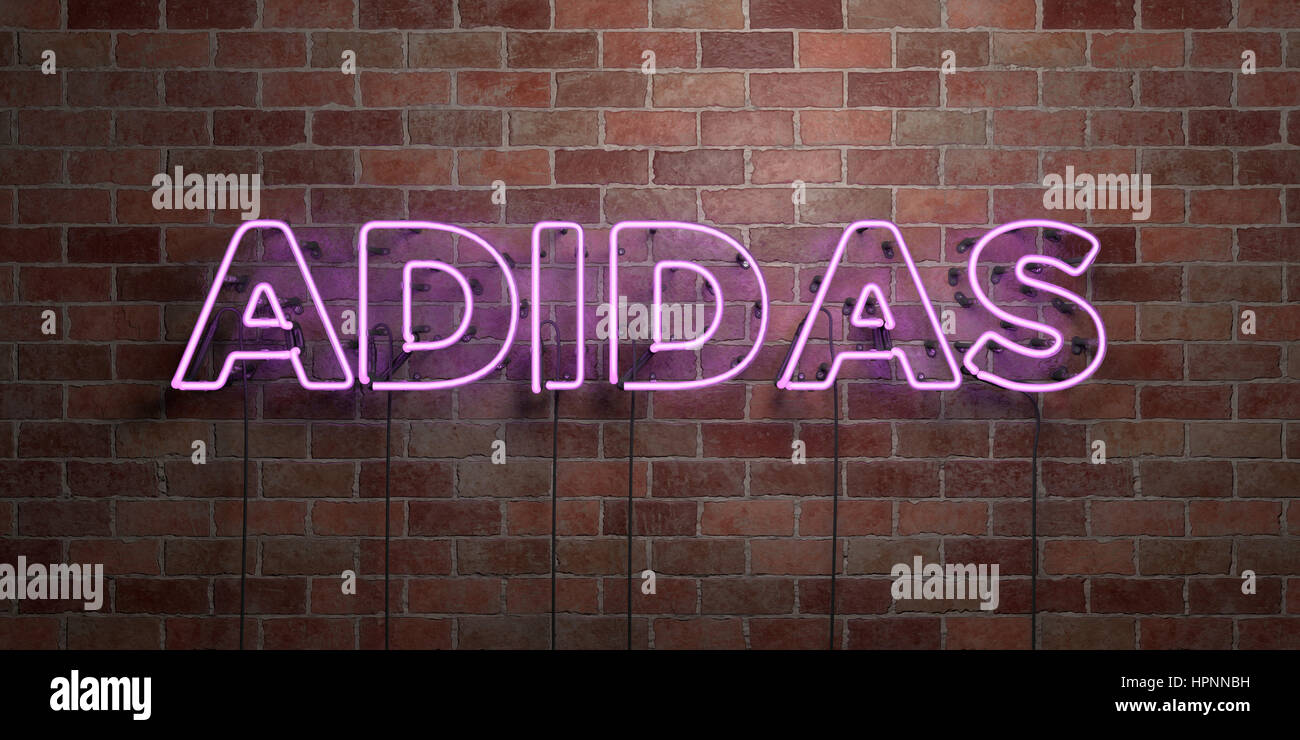 ADIDAS - fluorescent Neon tube Sign on brickwork - Front view - 3D rendered  royalty free stock picture. Can be used for online banner ads and direct m  Stock Photo - Alamy